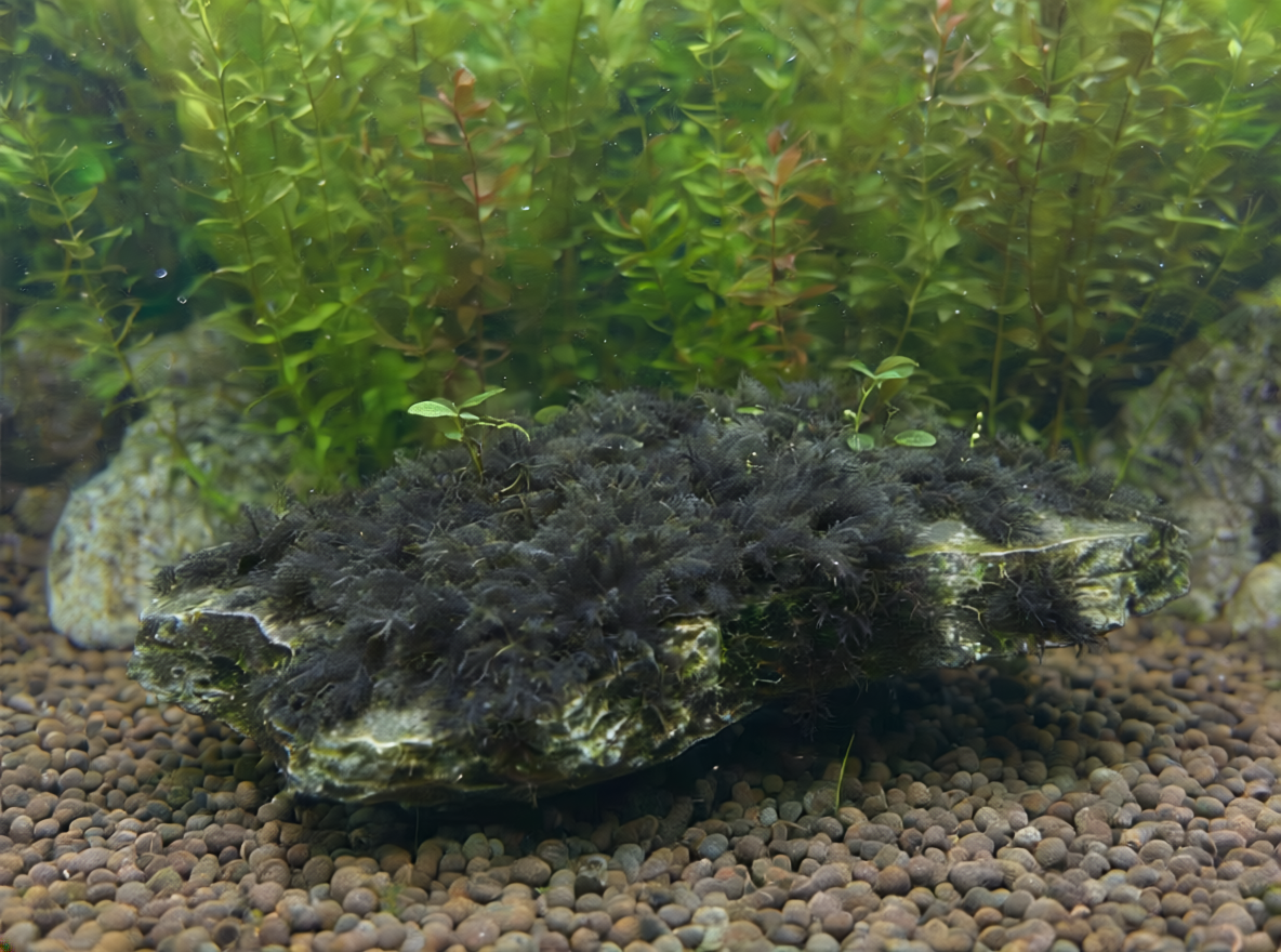 黒ヒゲコケ：水流の当たる場所に付く黒い房